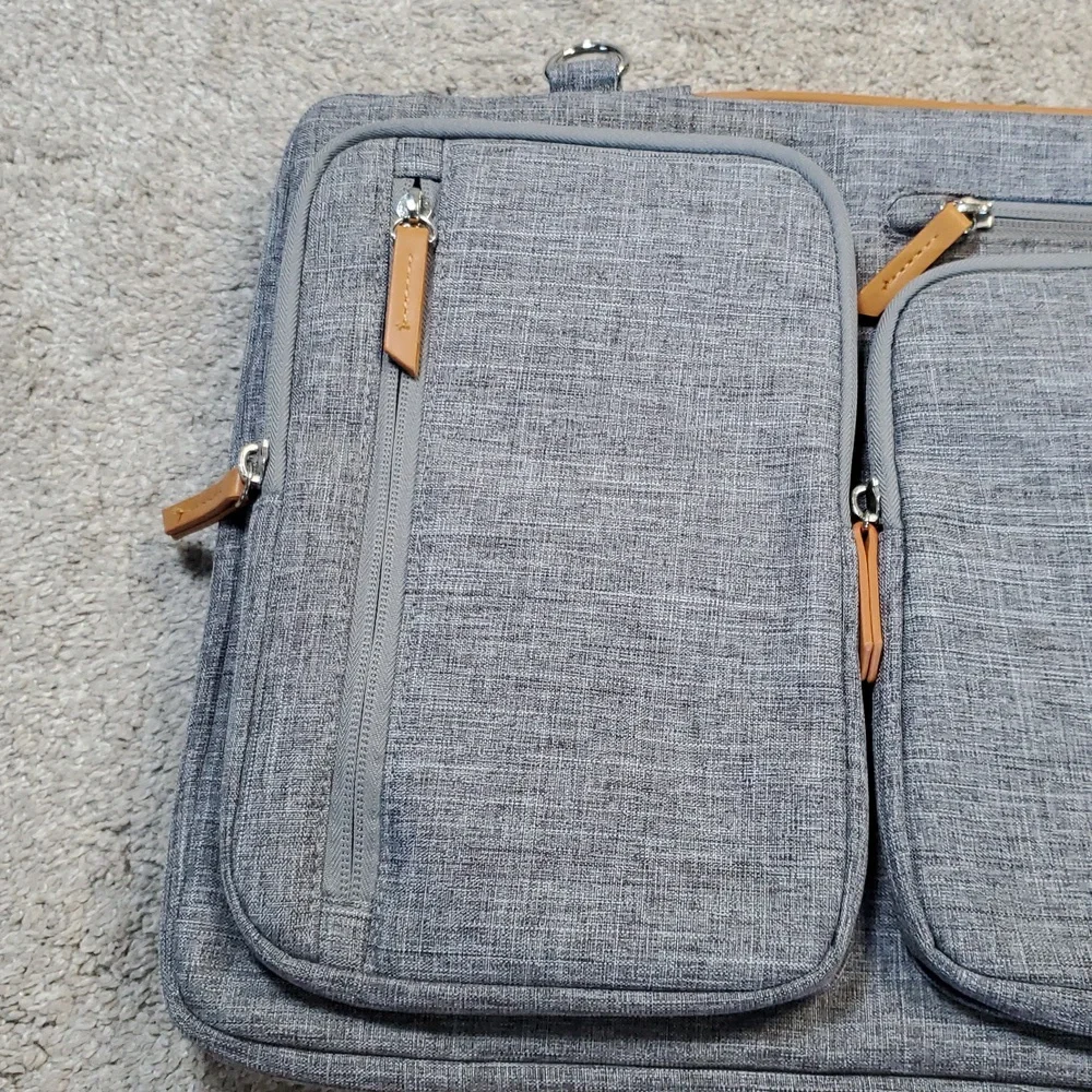Gray Mosiso Laptop Bag with Tan Accents. Multiple Pockets And Carry Strap. EUC